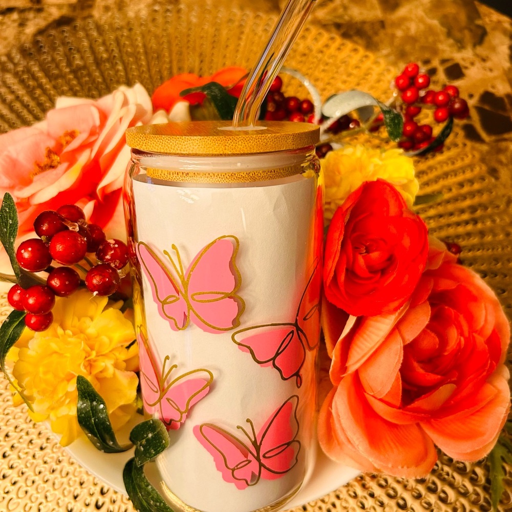 Cute glass tumbler with bamboo lid and straw.